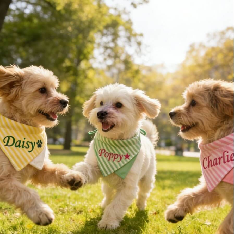 Cute dogs running outdoors wearing custom embroidered name bandanas with adjustable drawstrings