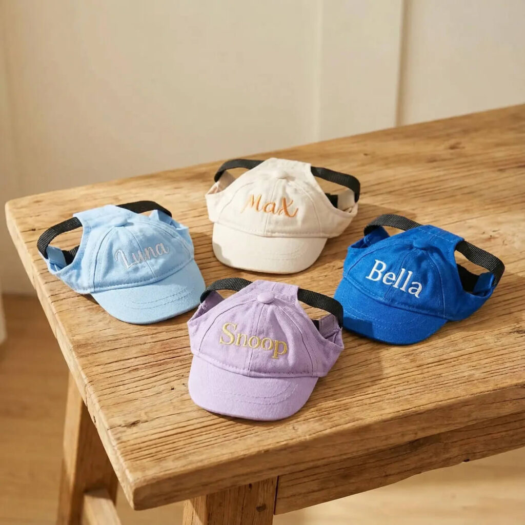 Custom name embroidered dog baseball hats in multiple colors