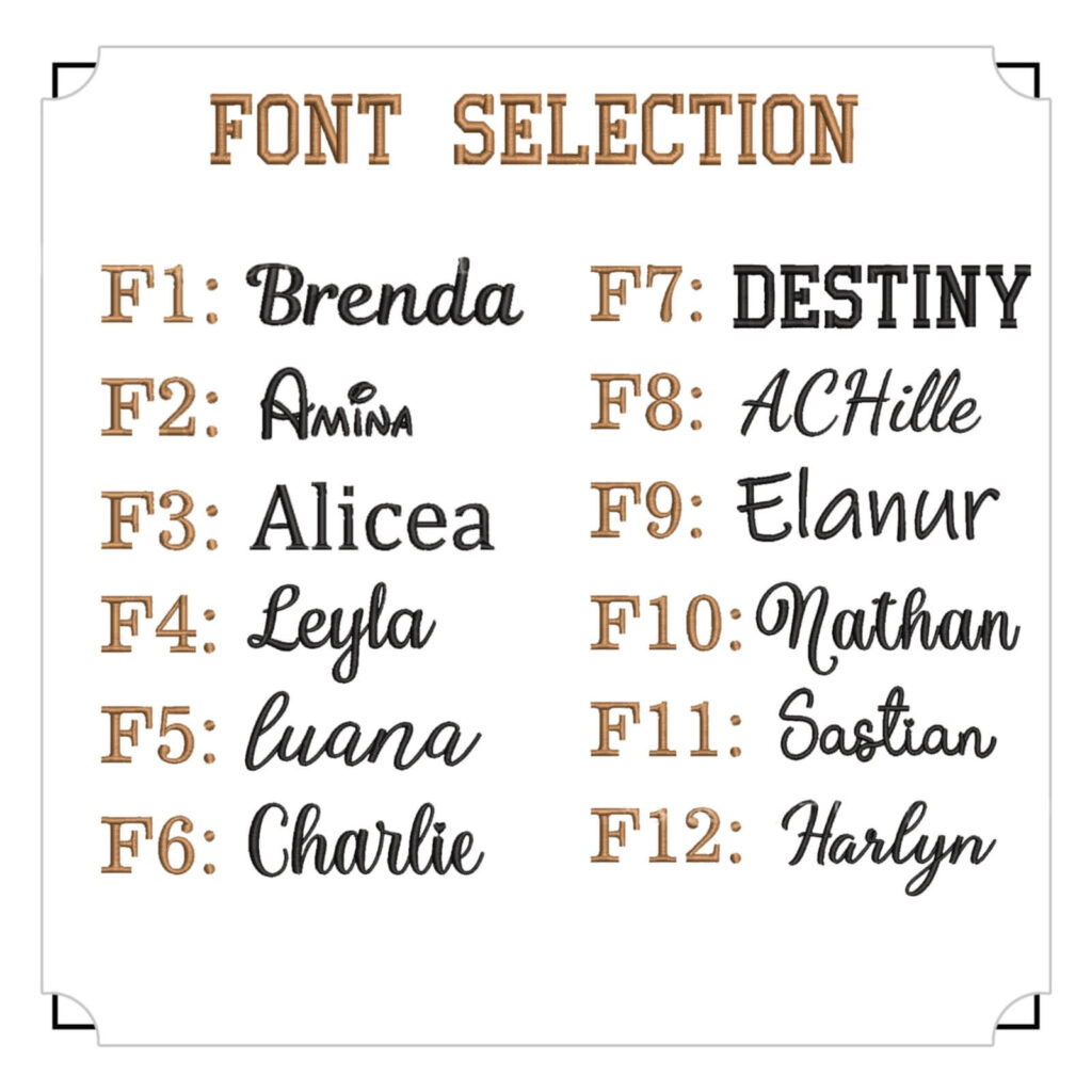 Font selection options (F1 to F12) for custom name embroidered pet accessories