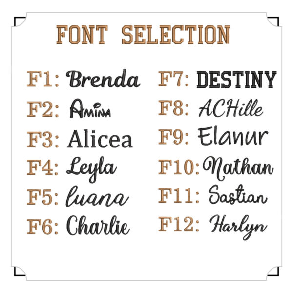 Font selection options (F1 to F12) for custom name embroidered pet accessories