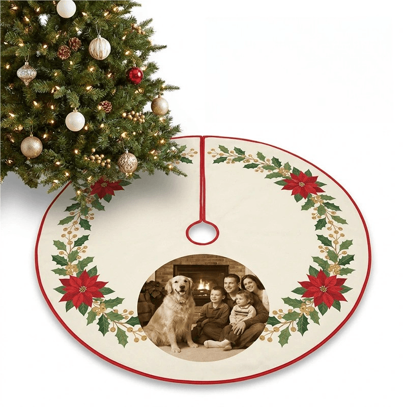 Custom photo upload Christmas tree skirt showcasing a family and pet memory print under the tree