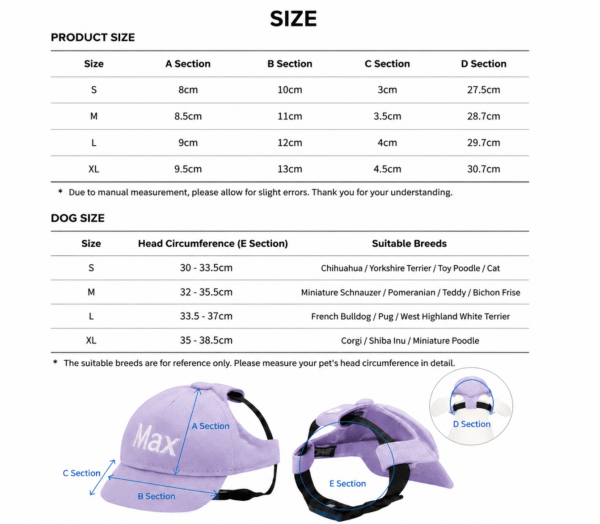 Dog baseball cap size chart with adjustable fit measurements