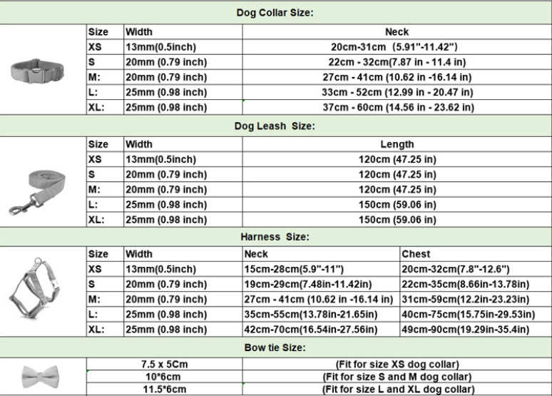 Size chart guide for dog collars, leashes, and detachable bow ties with measurements in inches