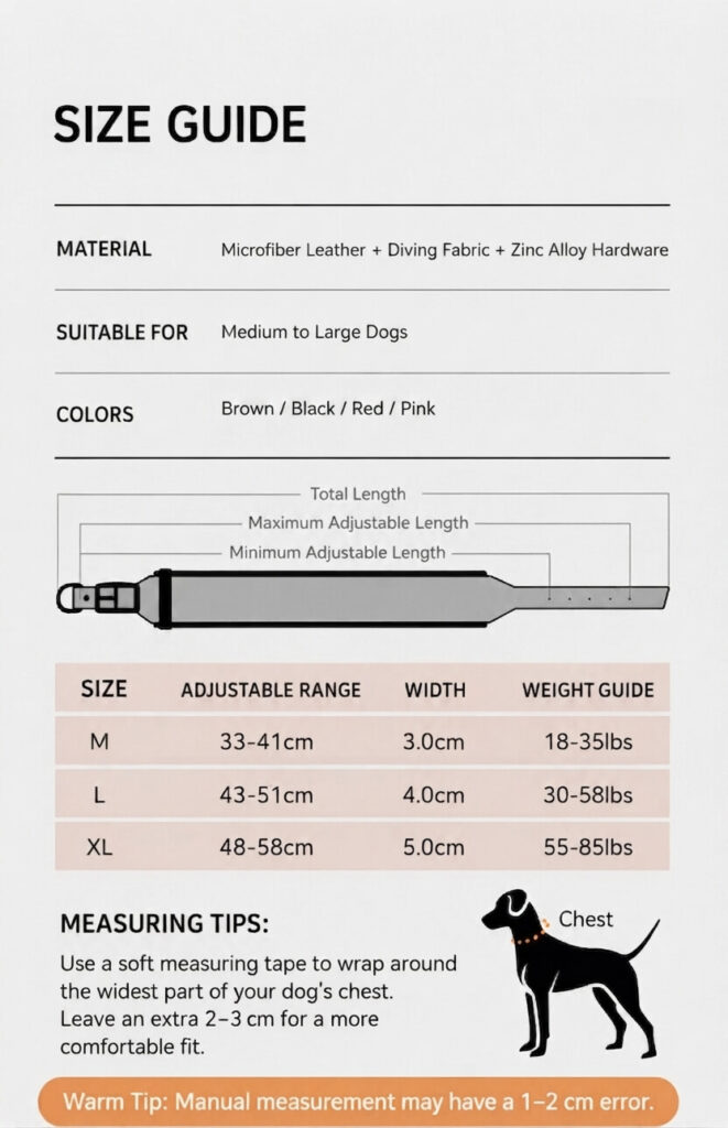 Size guide chart for personalized dog collars showing adjustable range, width, and weight guide.