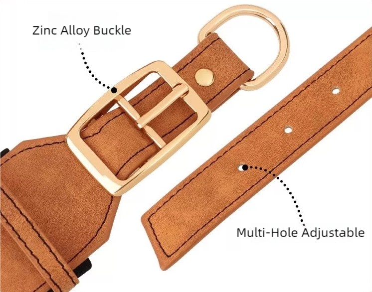 Detailed view of zinc alloy buckle and multi-hole adjustment on the leather dog collar.