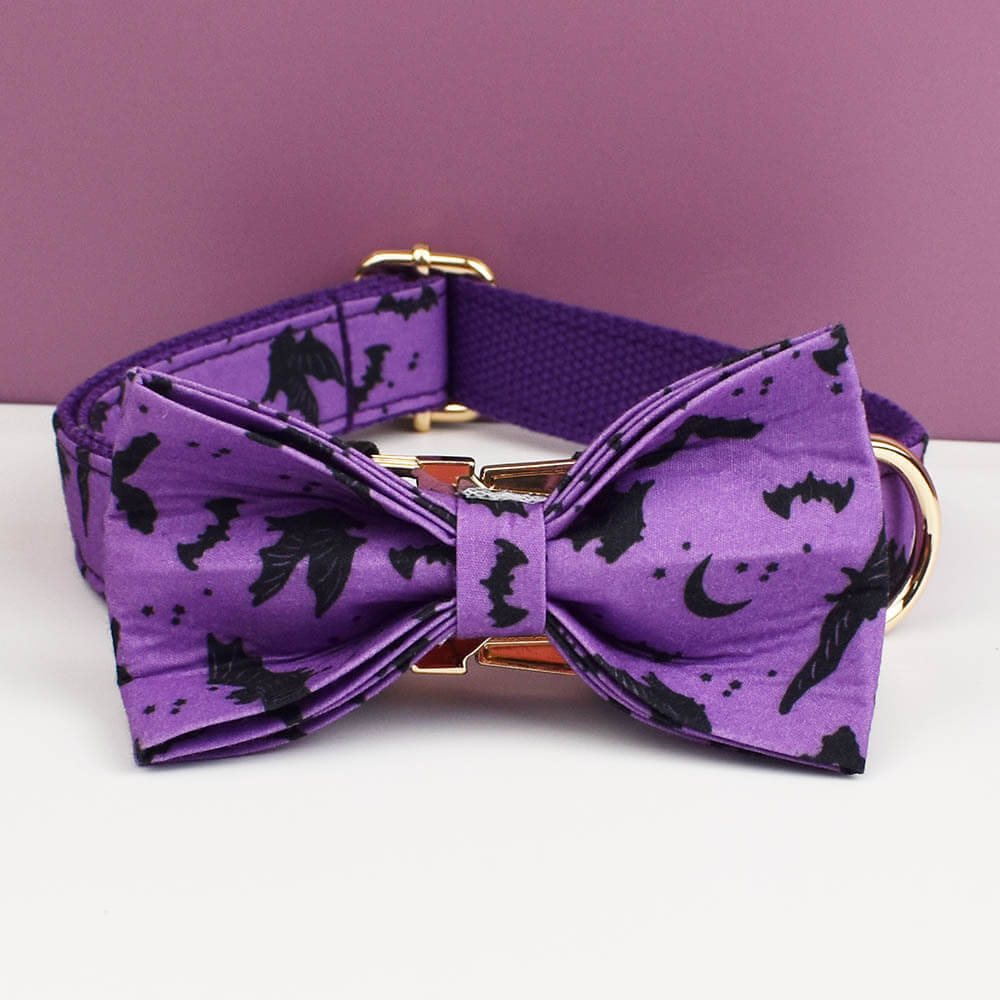 Purple Halloween bat bow tie dog collar