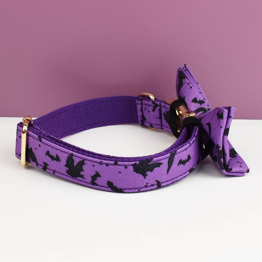 Purple Halloween bat print dog collar with bow tie