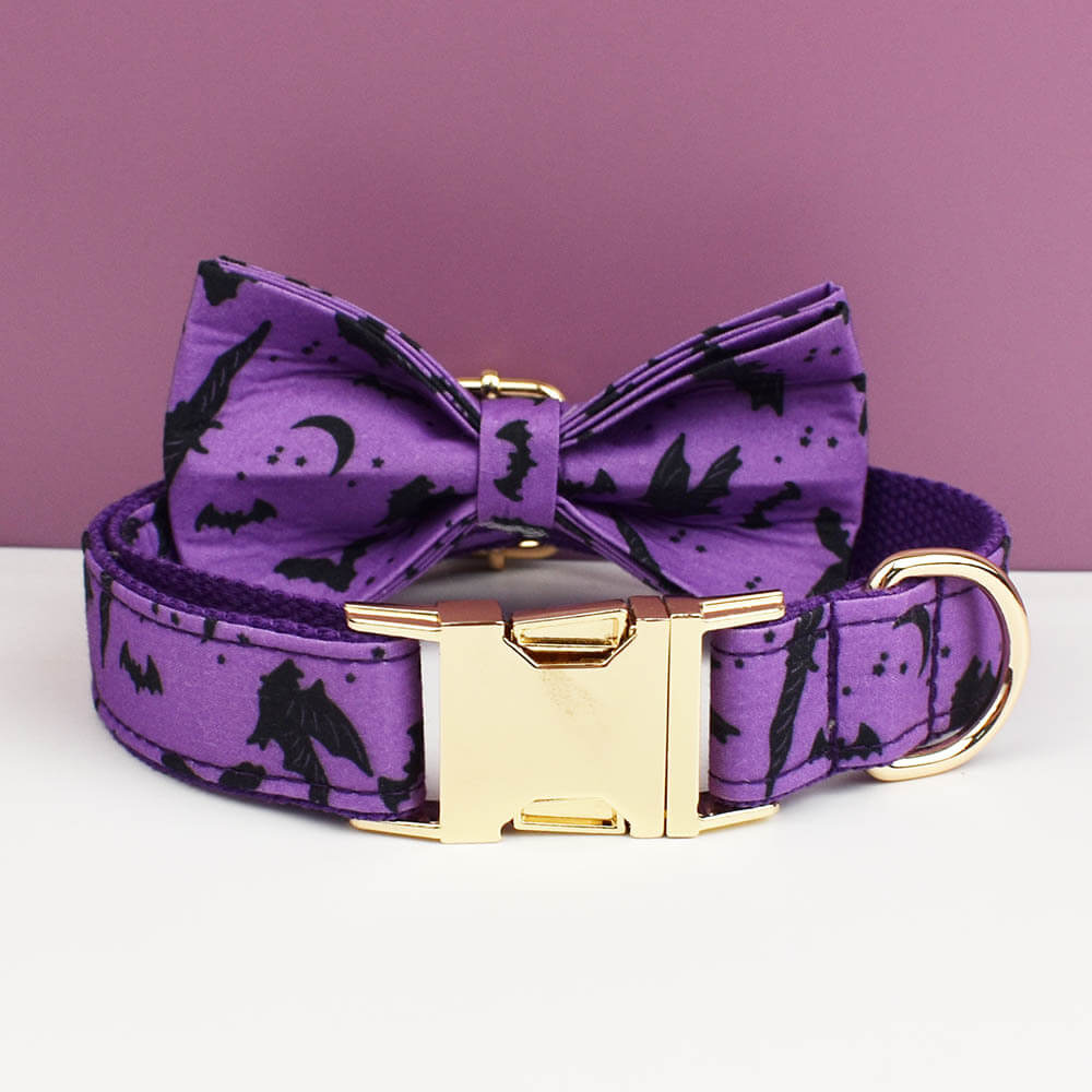 Purple Halloween bat dog collar with bow tie