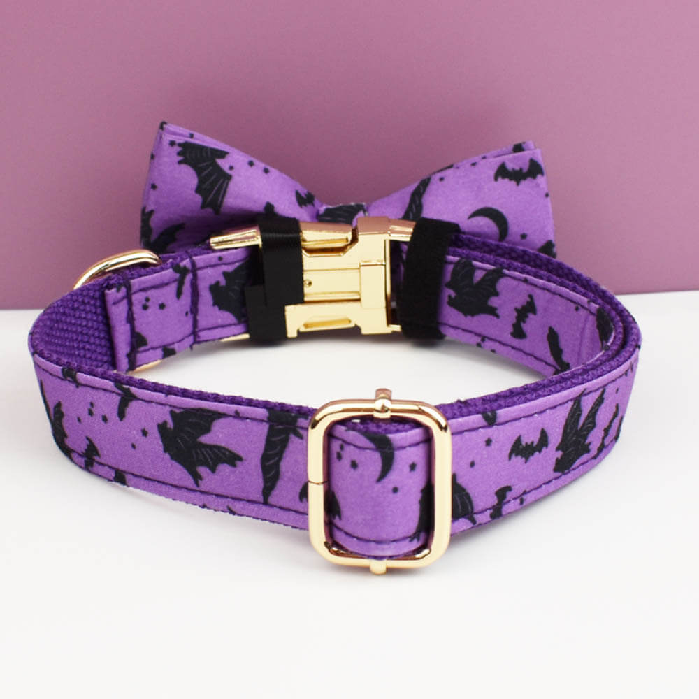 Purple Halloween bat dog collar with adjustable gold buckle