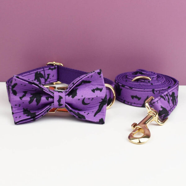 Purple Halloween bat dog collar, leash and bow tie set