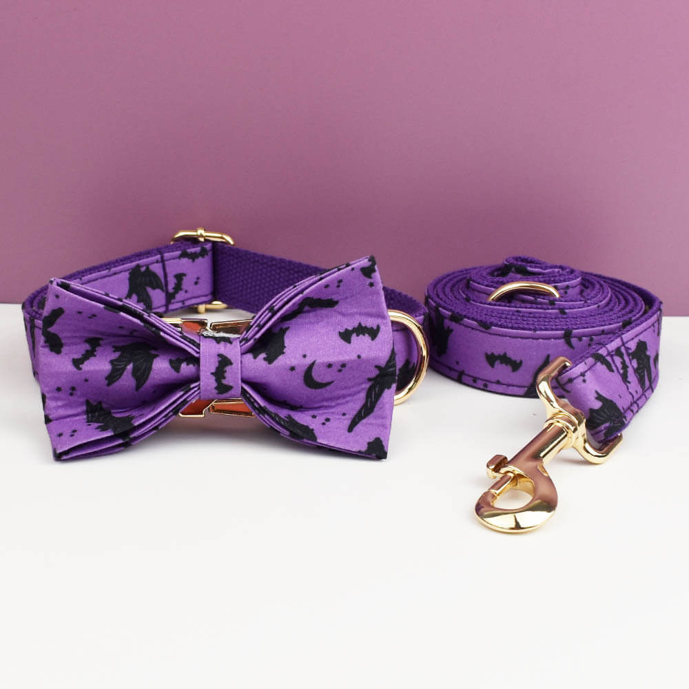 Purple Halloween bat dog collar, leash and bow tie set