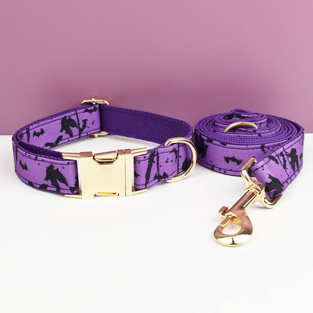 Purple Halloween bat dog collar and leash set