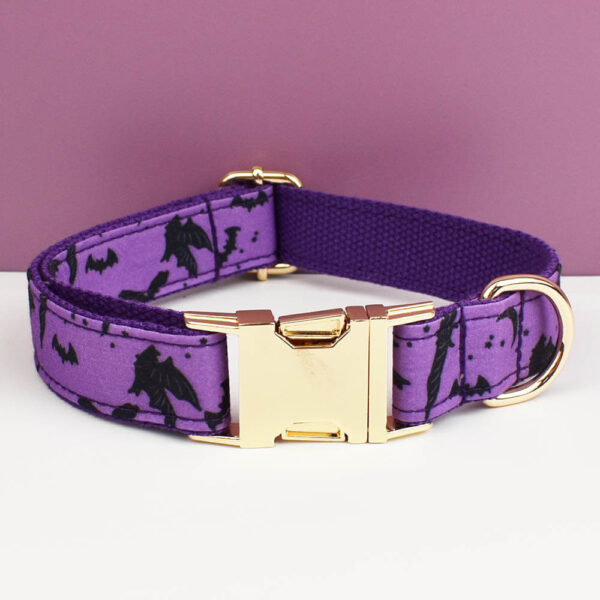 Purple Halloween bat print dog collar with gold buckle