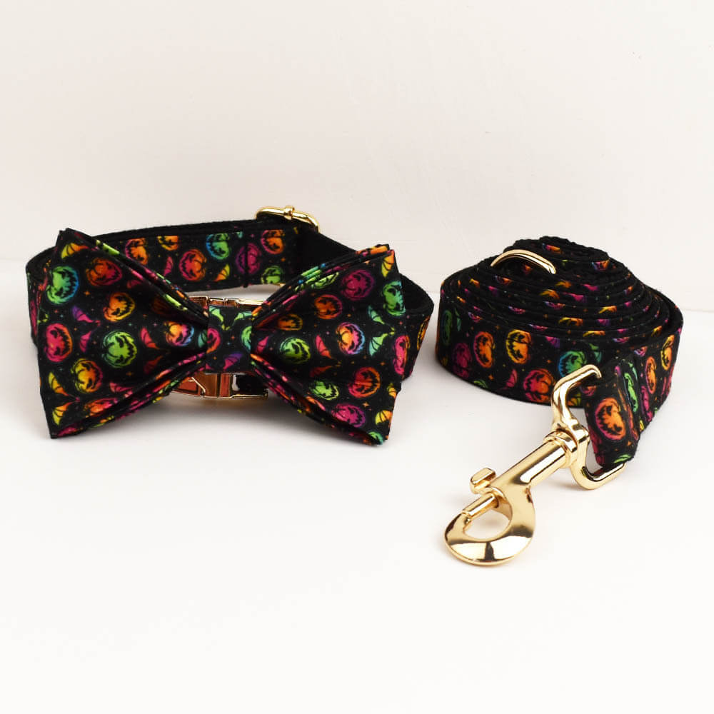 Halloween themed colorful pumpkin dog collar and matching leash set