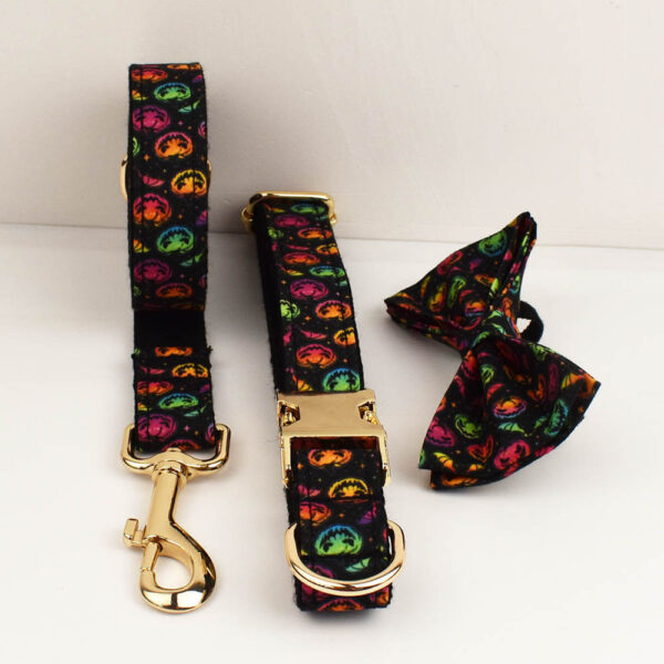 Complete 3-piece set including Halloween pumpkin dog collar, leash, and bow tie
