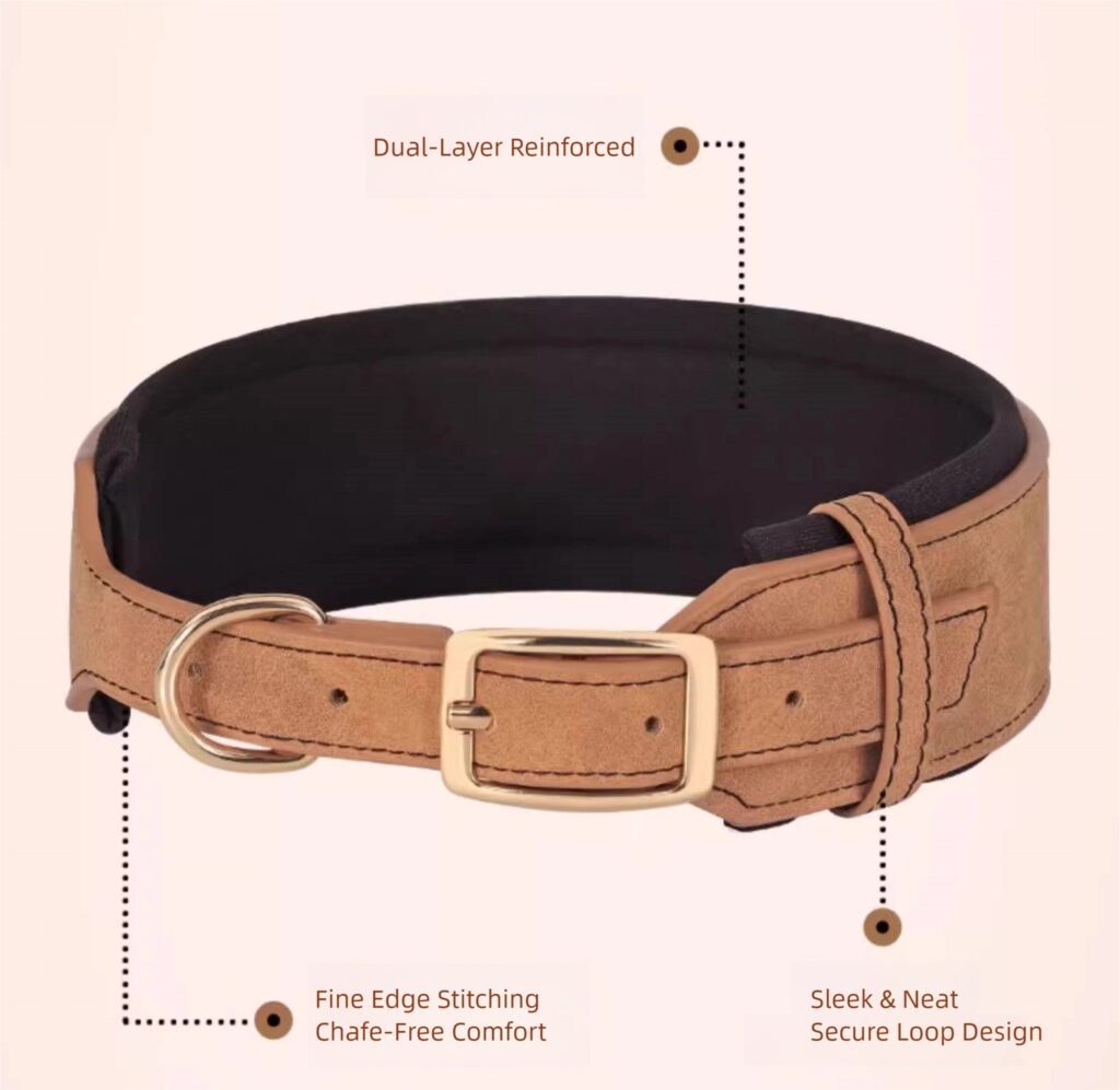 Infographic showing dual-layer reinforcement and fine edge stitching features of the dog collar.