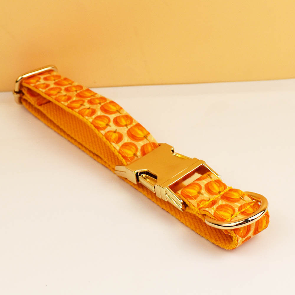 Folded orange pumpkin pattern personalized dog collar with gold metal buckle