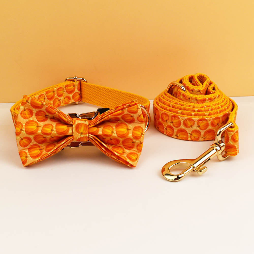 3-piece set featuring orange pumpkin dog collar, matching leash, and bow tie bundle