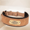 Personalized brown wide leather dog collar with custom engraved name plate.