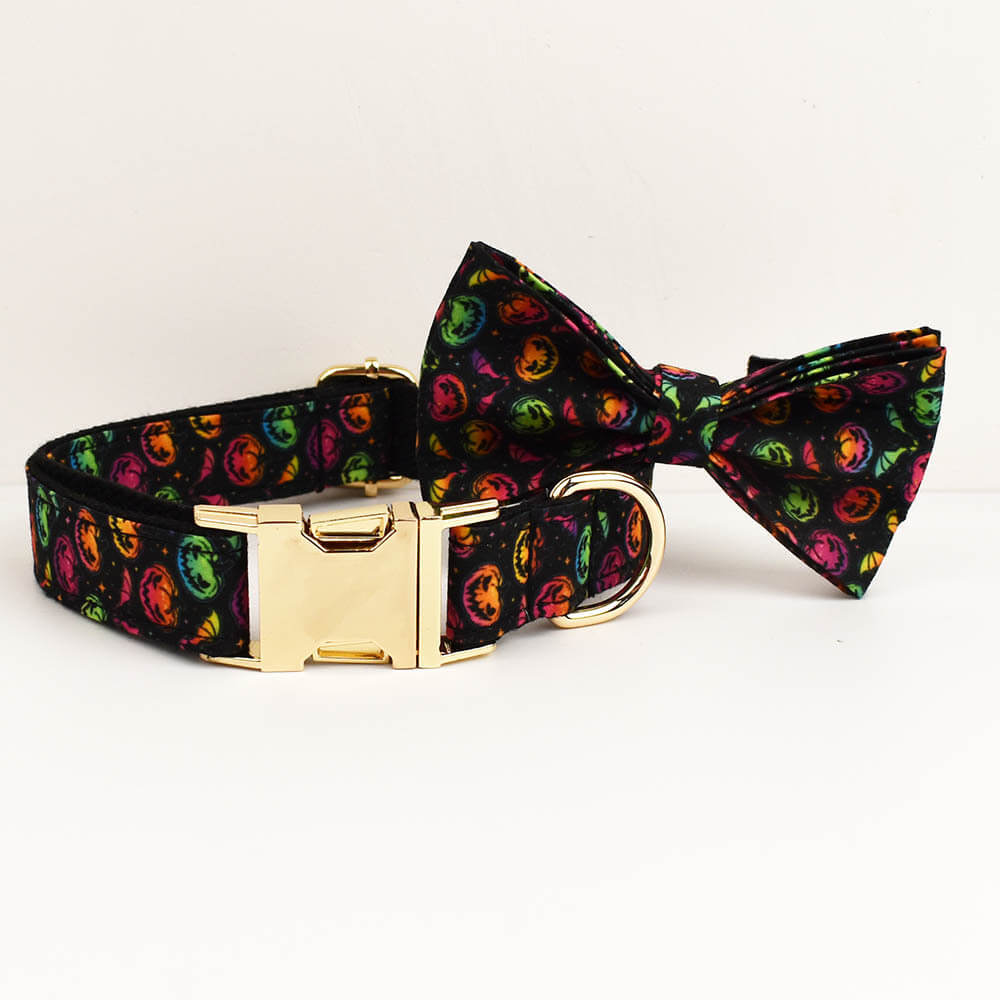 Personalized colorful pumpkin Halloween dog collar with matching bow tie