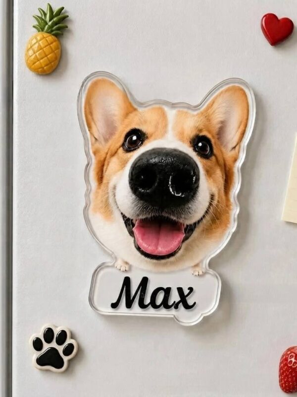 Personalized corgi pet portrait acrylic fridge magnet with squishy nose on refrigerator