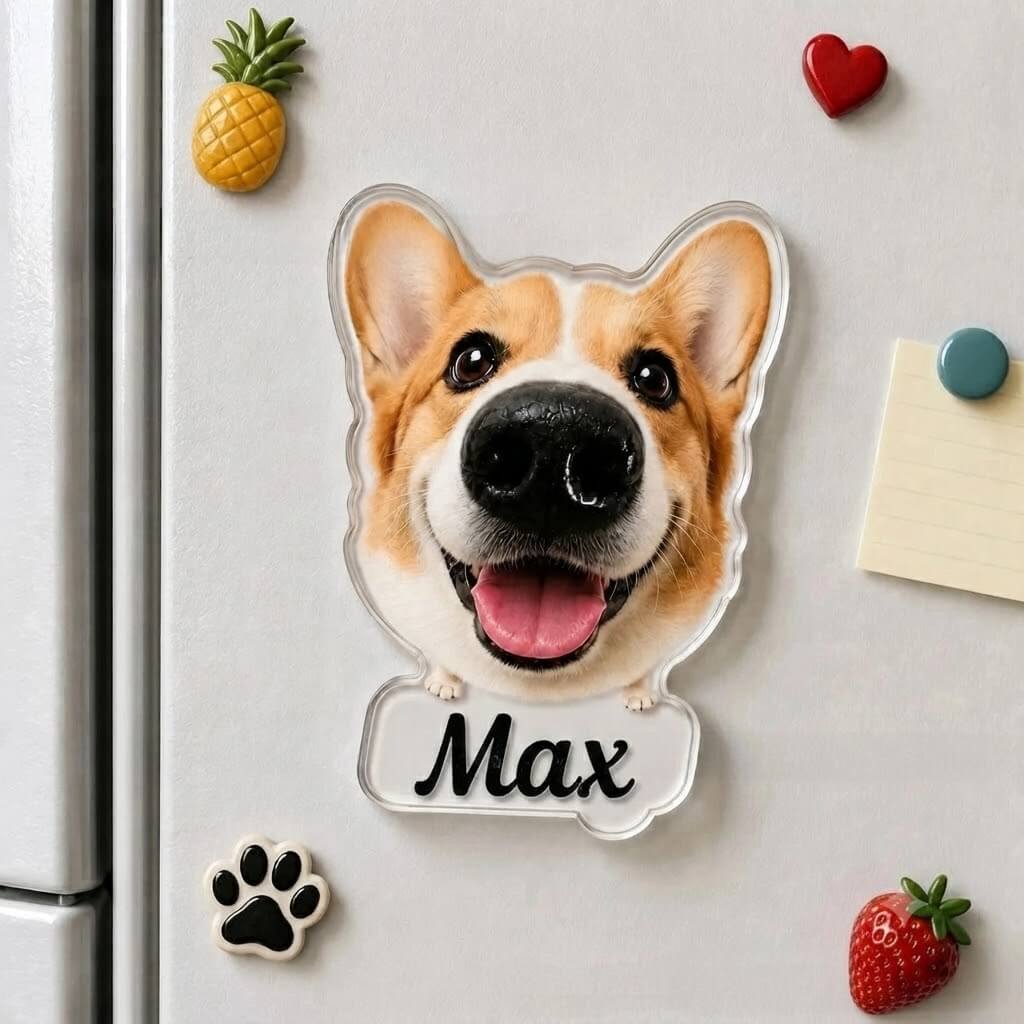 Personalized corgi pet portrait acrylic fridge magnet with squishy nose on refrigerator