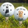 Personalized dog and cat dad golf balls with custom pet portrait prints on green grass