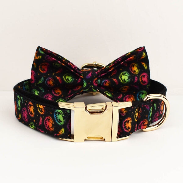 Personalized Halloween colorful pumpkin dog collar featuring an attached bow tie and gold hardware
