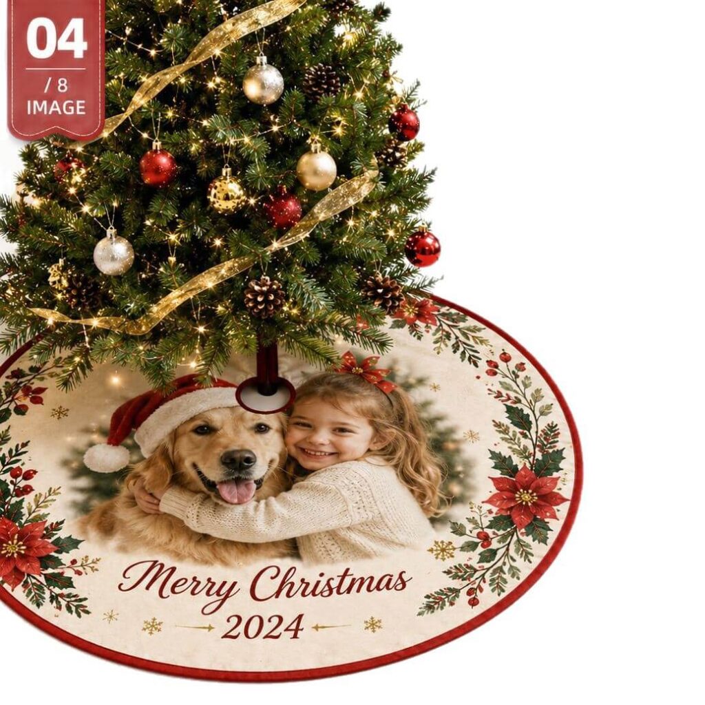 Personalized photo Christmas tree skirt featuring a custom family and dog picture with 'Merry Christmas' text