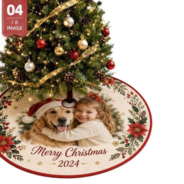 Personalized photo Christmas tree skirt featuring a custom family and dog picture with 'Merry Christmas' text