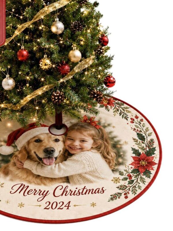 Personalized photo Christmas tree skirt featuring a custom family and dog picture with 'Merry Christmas' text