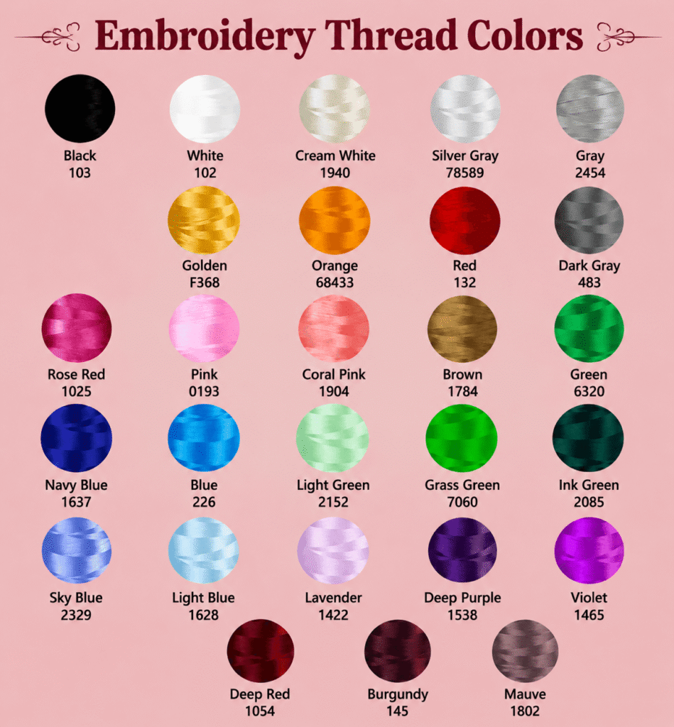 Embroidery thread color selection chart for custom personalized pet bandanas