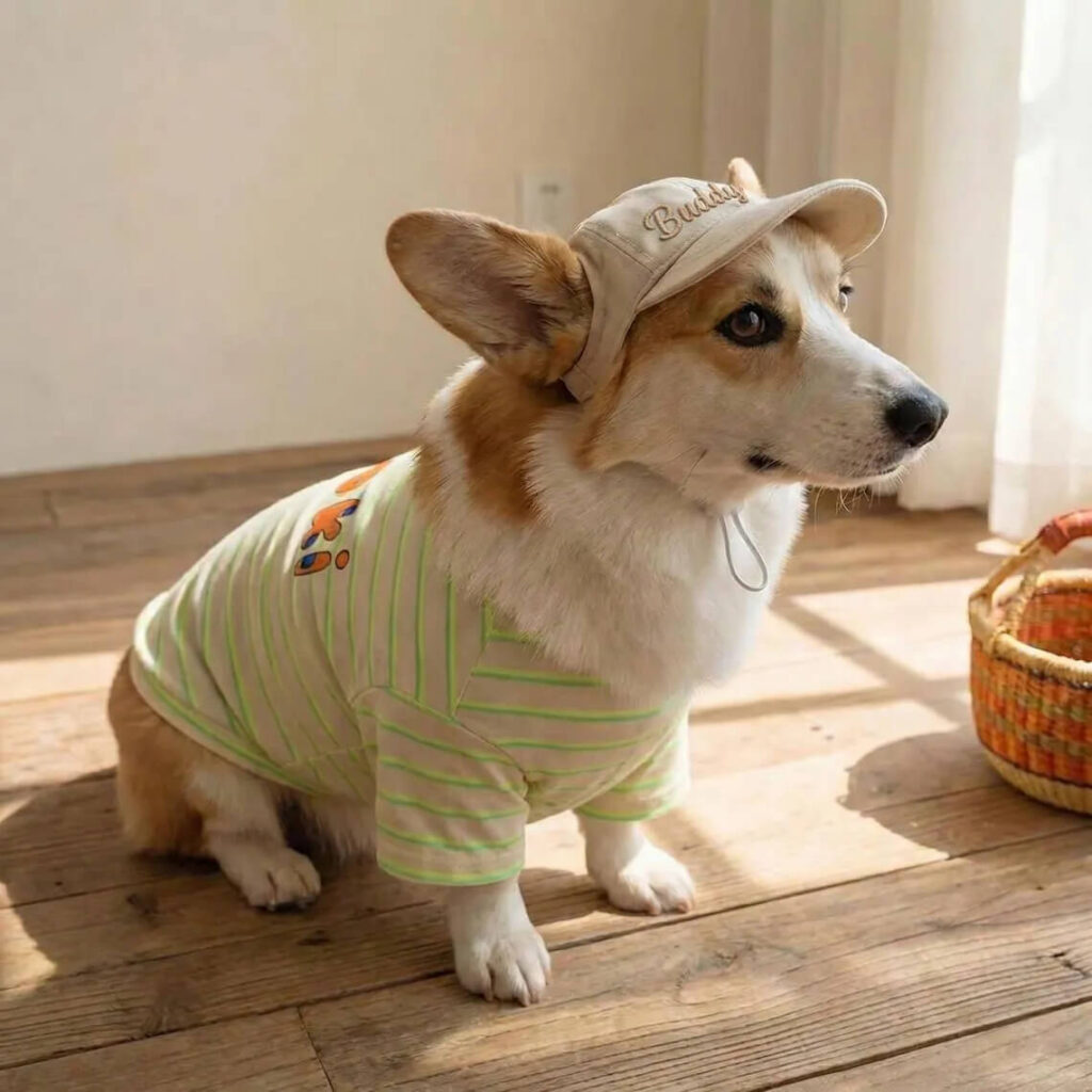 Small dog wearing a personalized pet baseball cap