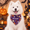 A fluffy Samoyed wearing a personalized Halloween purple name-embroidered dog bandana outdoors