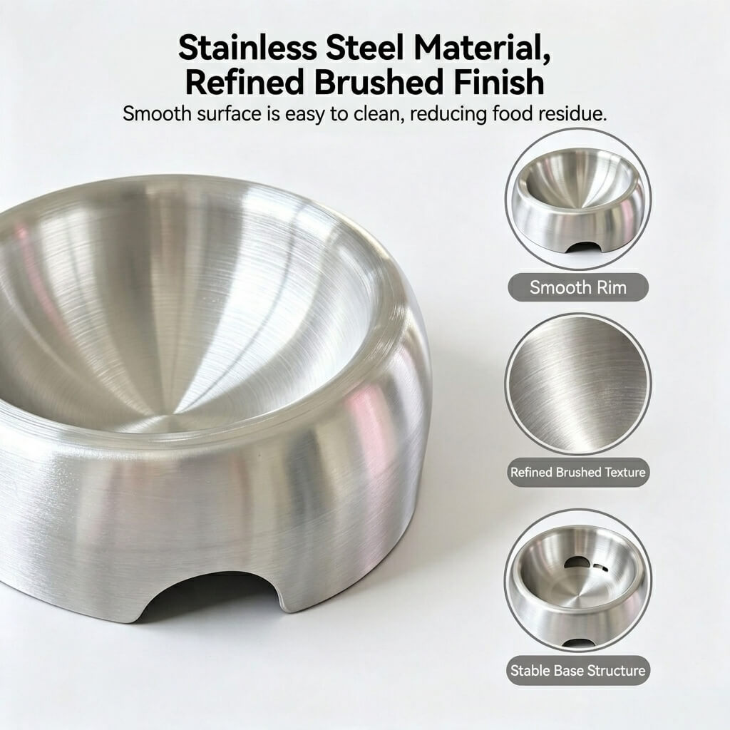 Product features highlighting 304 brushed stainless steel material and stable base structure
