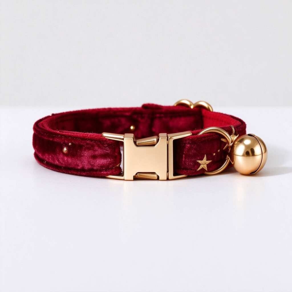 Personalized burgundy red velvet cat collar with gold stars and custom buckle