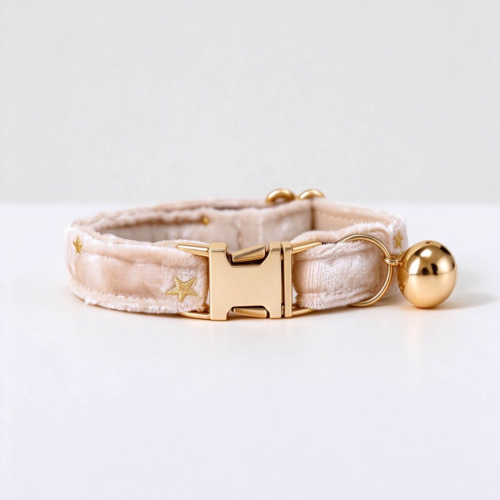 Personalized cream white velvet cat collar with gold stars and engraved nameplate