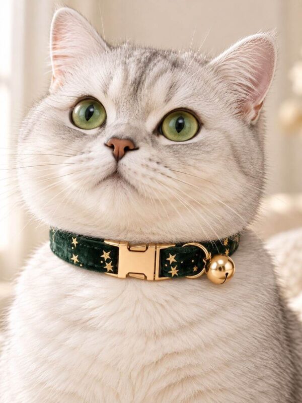 Cute white cat wearing a personalized emerald green star velvet collar with bell