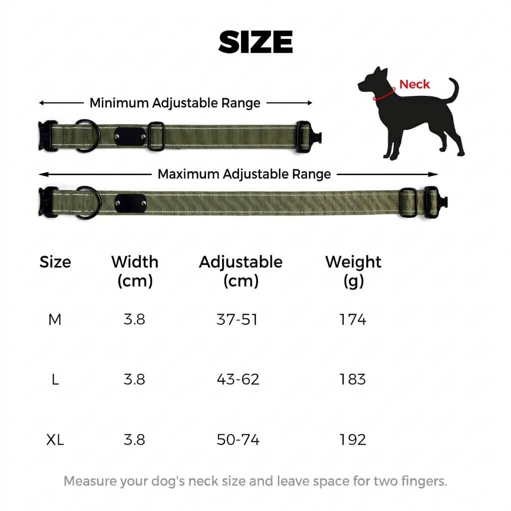 Dog collar size chart showing measurement guide and dimensions