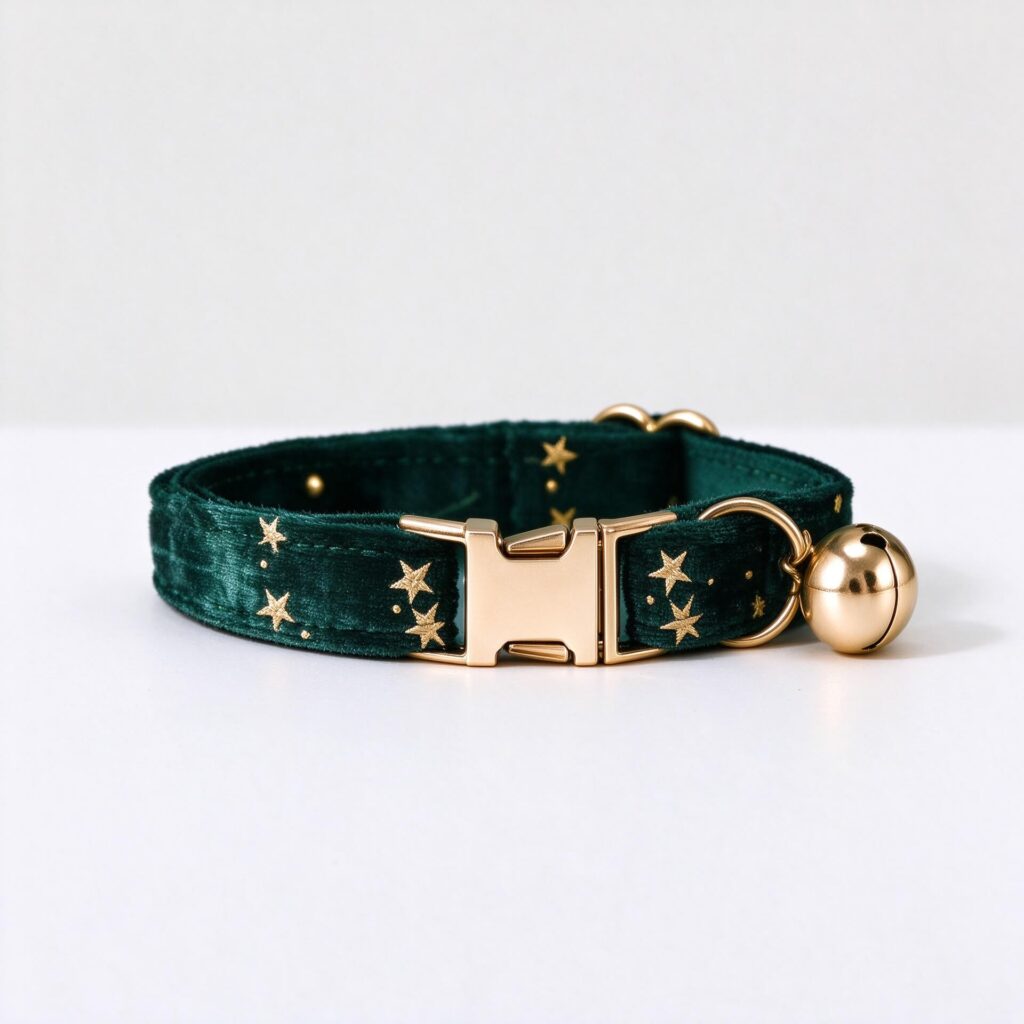 Personalized emerald green velvet cat collar with gold stars and engraved buckle