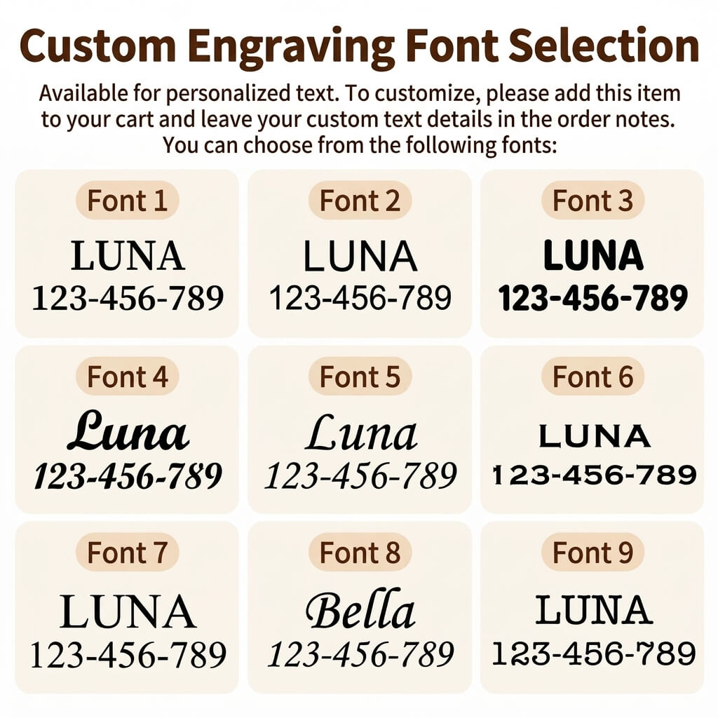 Personalized cat collar custom engraving font options from font 1 to font 9