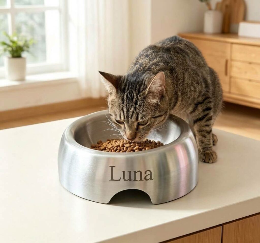 Personalized stainless steel tilted cat bowl engraved with pet name Luna