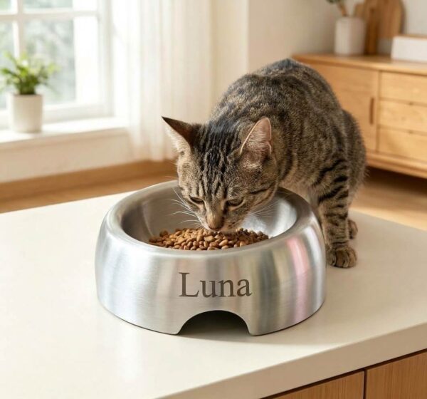 personalized-stainless-steel-tilted-cat-bowl-engraved-name Personalized stainless steel tilted cat bowl engraved with pet name Luna