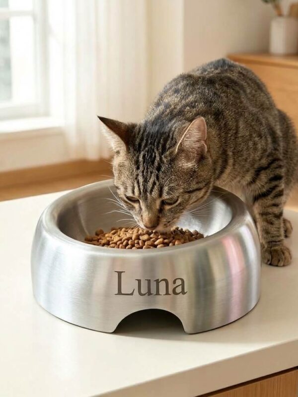 Personalized stainless steel tilted cat bowl engraved with pet name Luna