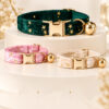 Personalized velvet cat collars with gold star pattern and engraved quick release buckle