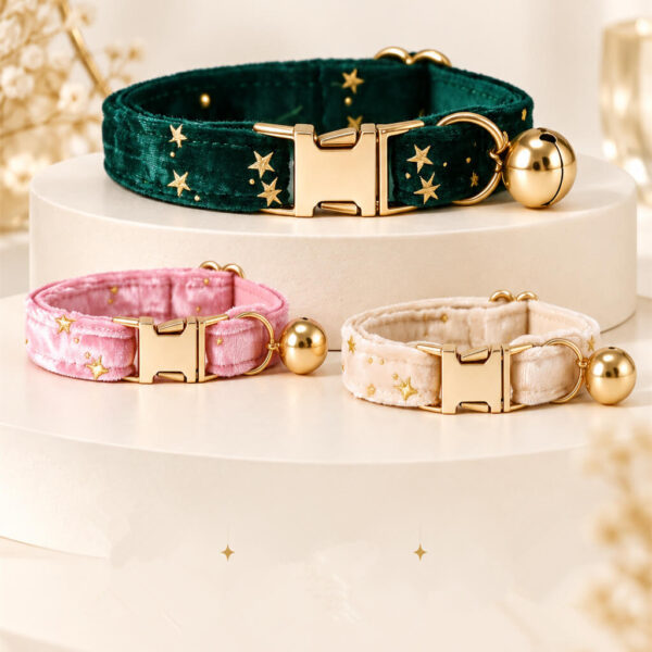 Personalized velvet cat collars with gold star pattern and engraved quick release buckle