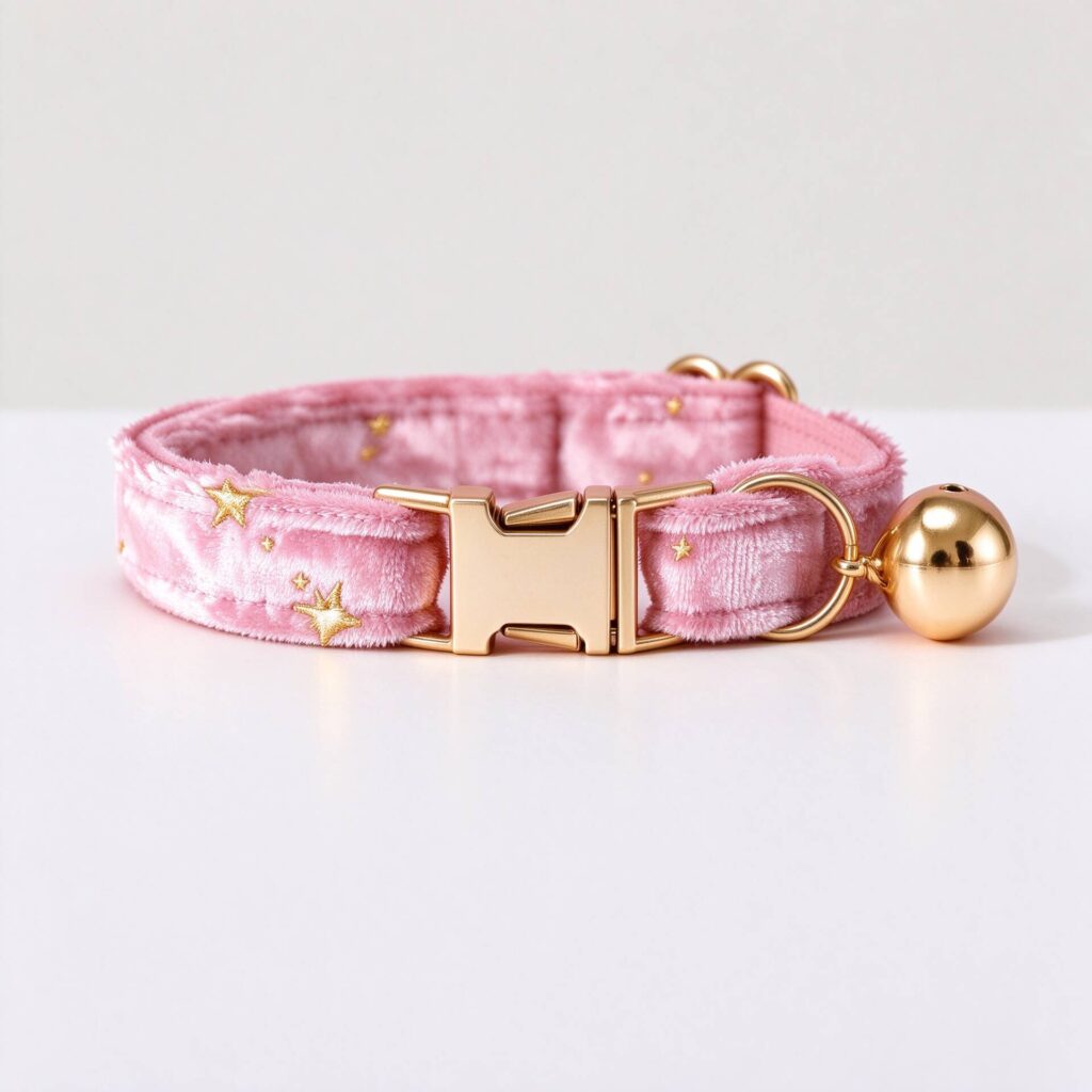 Soft pink velvet cat collar with gold star print and quick-release gold buckle