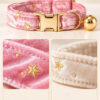 Close-up details of pink star velvet cat collar with gold bell and engraved buckle