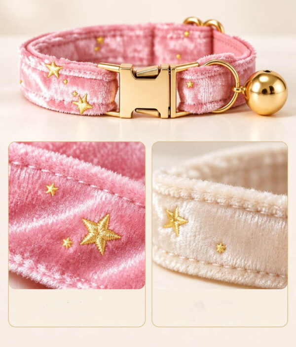 Close-up details of pink star velvet cat collar with gold bell and engraved buckle