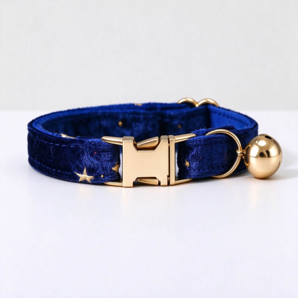 Personalized royal blue velvet cat collar with gold stars and custom engraved buckle